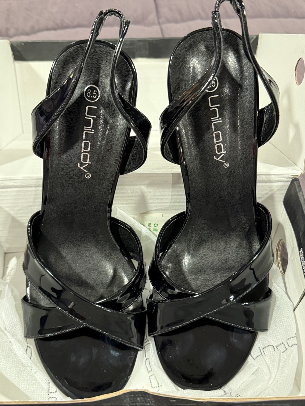 Unilady Beryl Black Patent Slingback Heels for Women 8.5